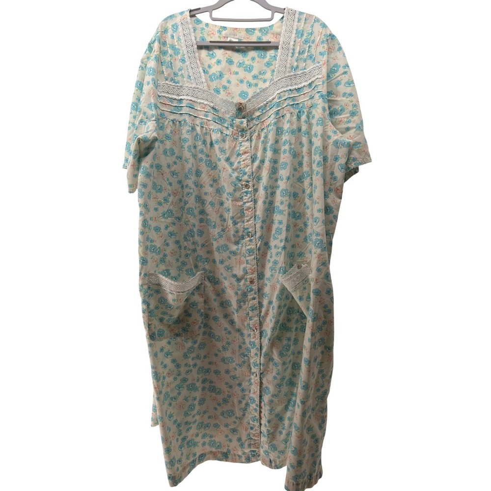 Pink K Nightgown Womens 3X Blue Floral Snap Front Lace Trim Grannycore Vintage